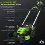 Greenworks 60V 25″ Cordless Brushless Self-Propelled Mower + Two (2) 4.0Ah Batteries & Dual Port Charger