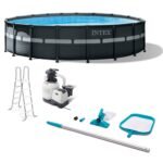 Intex Ultra XTR Frame 18′ x 52″ Above Ground Swimming Pool with Sand Filter Pump, Ladder, Cover, & Maintenance Accessory Kit with Vacuum and Skimmer